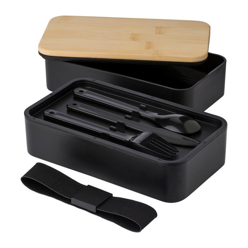 Frühstücksdosen 2 Stück, 2x400 ml, Deckel aus Bambus, Besteck - Schwarz