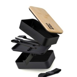 Frühstücksdosen 2 Stück, 2x400 ml, Deckel aus Bambus, Besteck - Schwarz