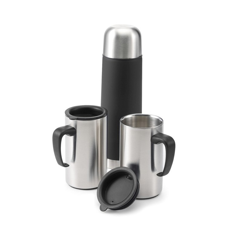 Reise-Set im Box, Thermosflasche 500 ml und 2 Trinkbecher 300 ml - Schwarz
