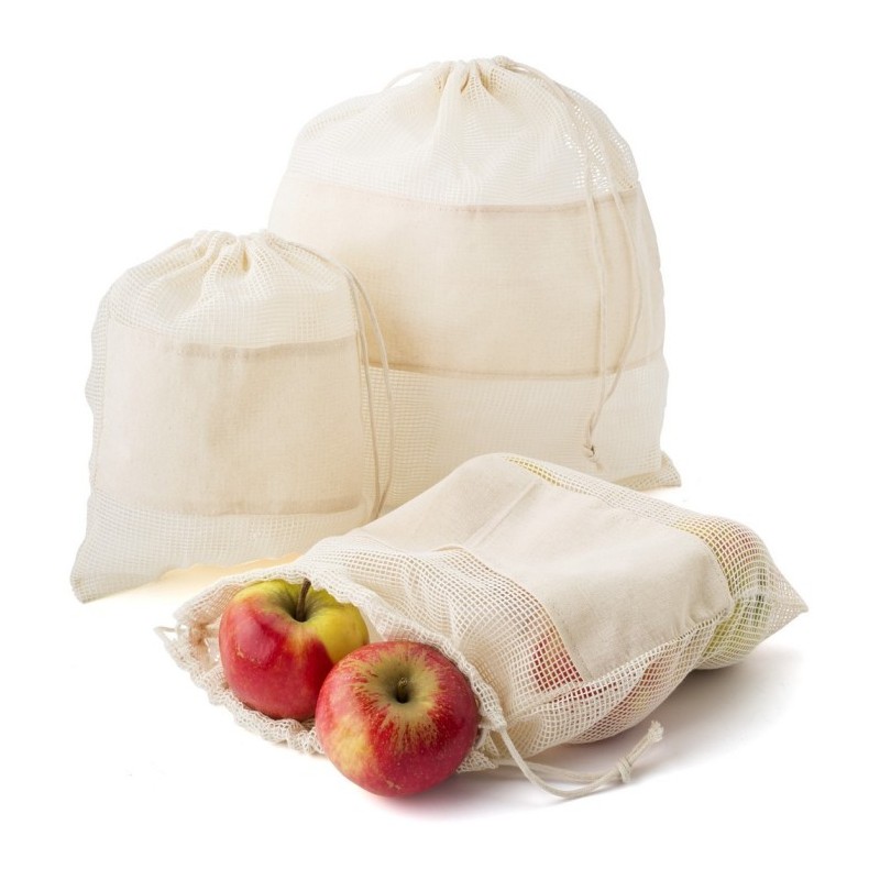Bio-Baumwollnetzbeutel für Obst und Gemüse, 3 Stk. - Beige