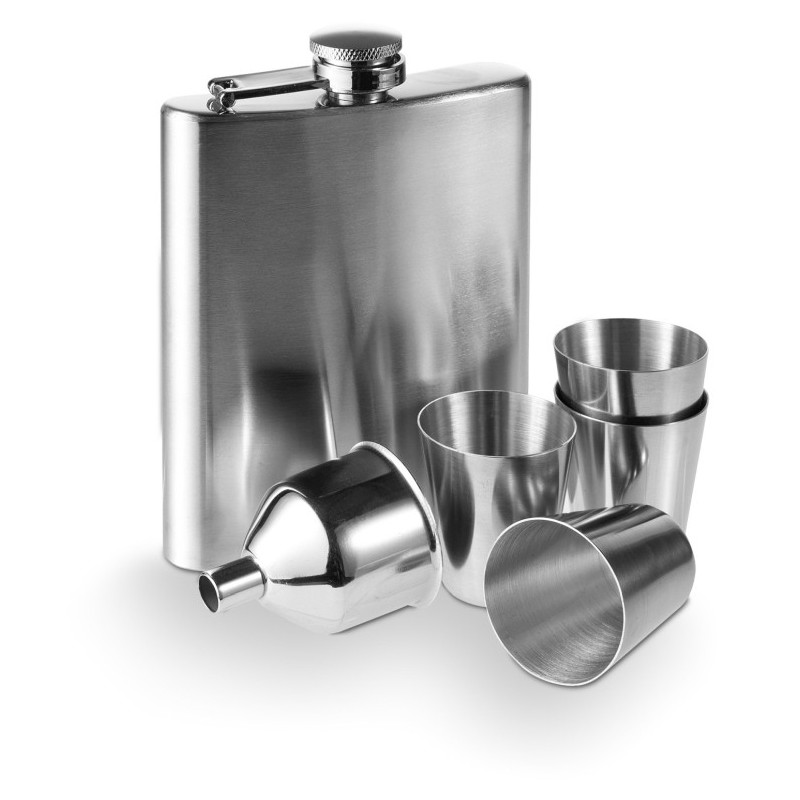 Flachmann 220 ml, 4 Trinkbecher 30 ml, Trichter - Silber