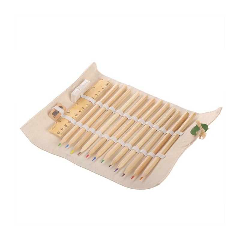 Schulset, Federtasche, 12 Stifte, Lineal, Radiergummi und Anspitzer - Beige