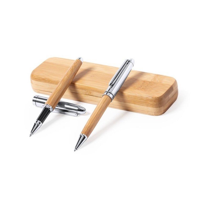 Schreibset, Kugelschreiber und Rollerball aus Bambus - Hellbraun