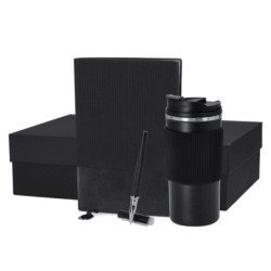 Geschenkset, Thermobecher 470 ml, Notizbuch A5, Kugelschreiber, Geschenkbox - Schwarz