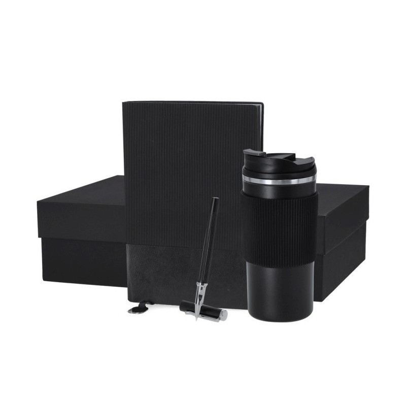 Geschenkset, Thermobecher 470 ml, Notizbuch A5, Kugelschreiber, Geschenkbox - Schwarz