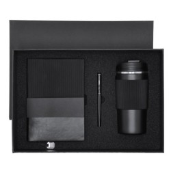 Geschenkset, Thermobecher 470 ml, Notizbuch A5, Kugelschreiber, Geschenkbox - Schwarz