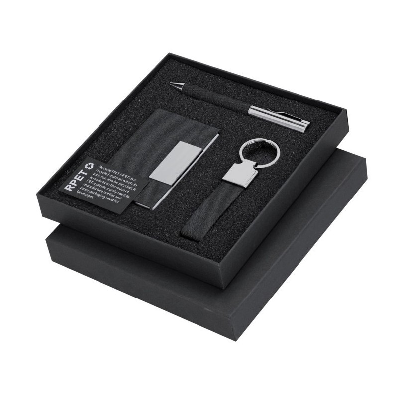 Geschenkset mit Schlüsselanhänger, Kreditkartenhalter, Kugelschreiber, Geschenkbox - Schwarz