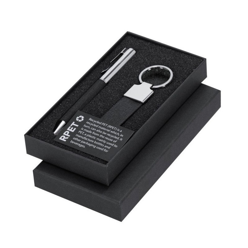 Geschenkset mit Schlüsselanhänger, Kugelschreiber - Schwarz