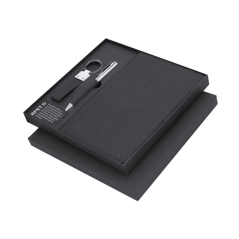 Geschenkset, Schlüsselanhänger, Notizbuch ca. A5, Kugelschreiber, Geschenkbox - Schwarz