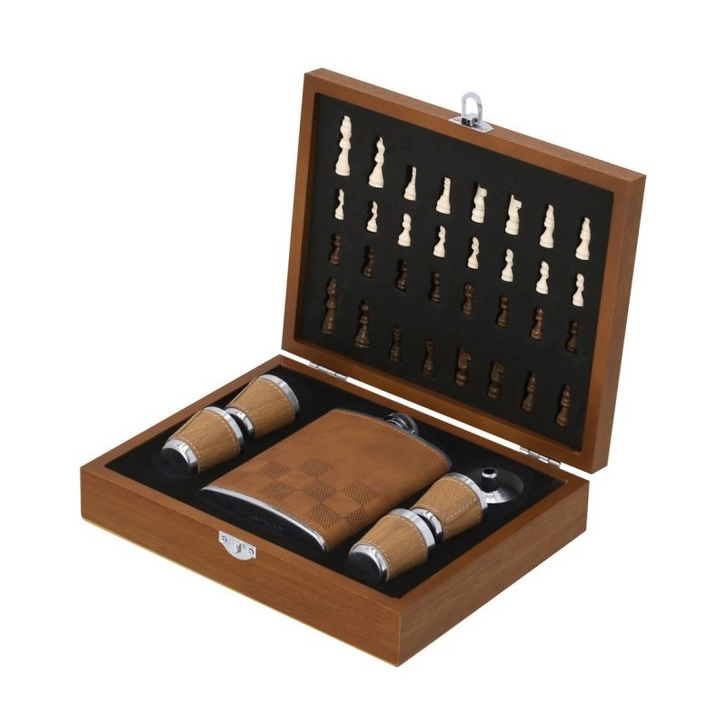 Geschenkset, Flachmann 175 ml, Becher 30 ml, Schachspiel, Geschenkbox aus Holz - Beige