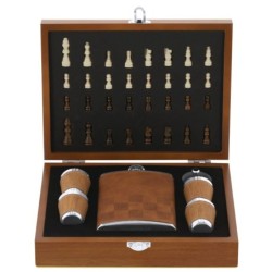 Geschenkset, Flachmann 175 ml, Becher 30 ml, Schachspiel, Geschenkbox aus Holz - Beige