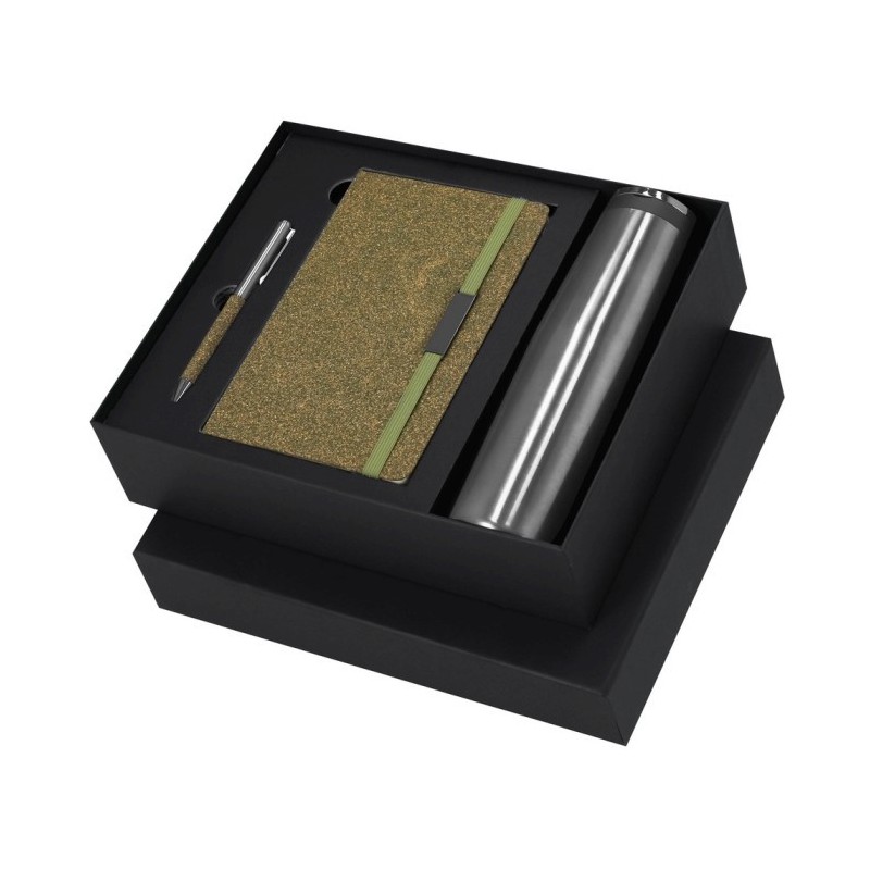 Geschenkset, Thermosflasche 500 ml, Notizbuch ca. A5, Kugelschreiber, Geschenkbox - Grün