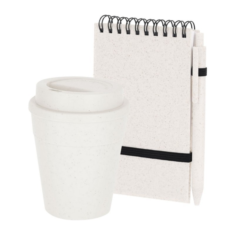 Büro-Set, Notizbuch, Becher, Kugelschreiber aus Weizenstroh - Beige