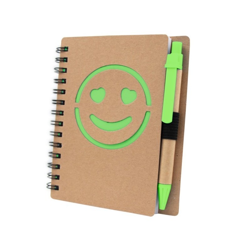 Notizbuch ca. A6 "lächelndes Gesicht" mit Kugelschreiber - Grün