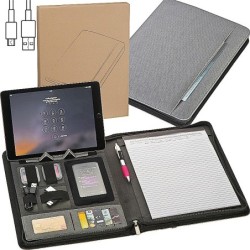 A4 Schreibmappe aus Kunstleder mit integrierter Powerbank - Silbergrau