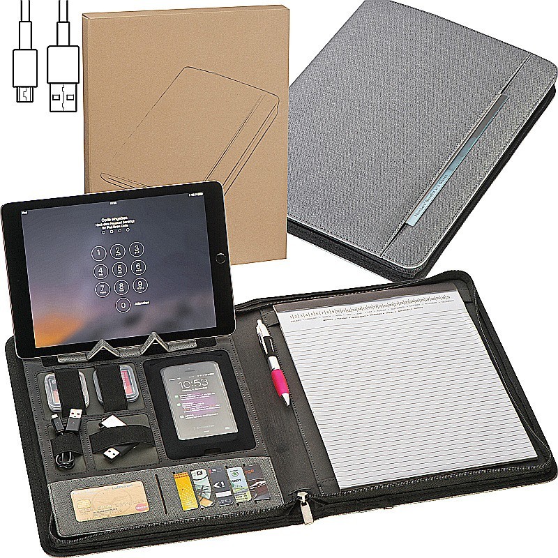 A4 Schreibmappe aus Kunstleder mit integrierter Powerbank - Silbergrau