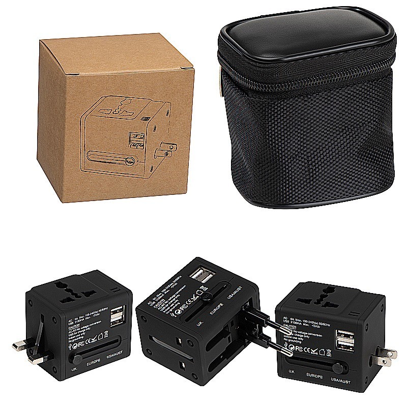 Gummierter Reiseadapter in einem Etui - Schwarz