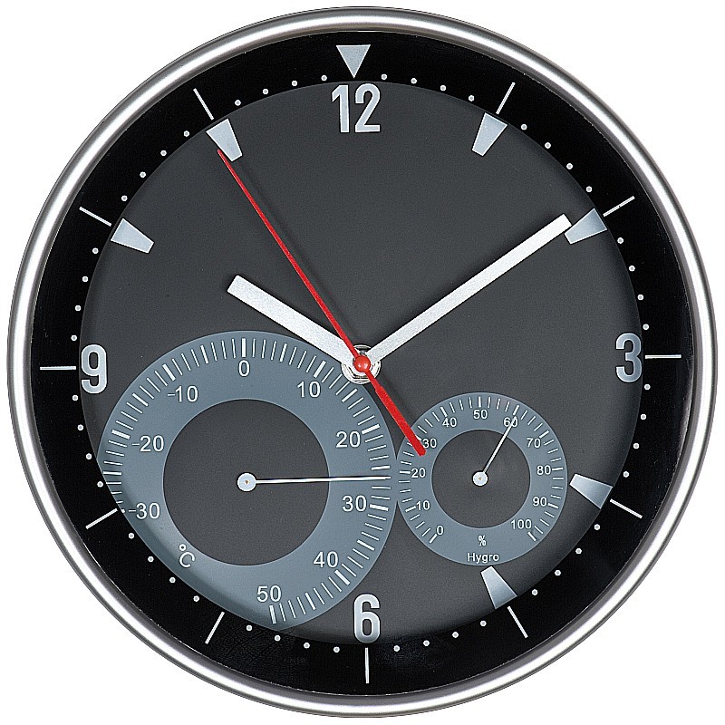 Wanduhr mit Hygro und Thermometer - Schwarz