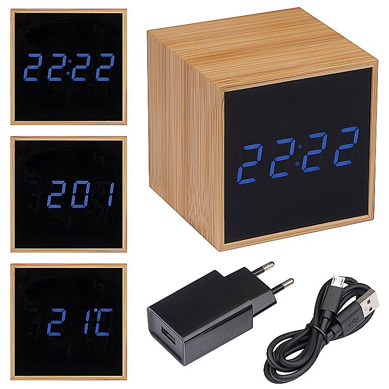 Tischuhr mit schwarzem Display und blauer LED Anzeige - Beige