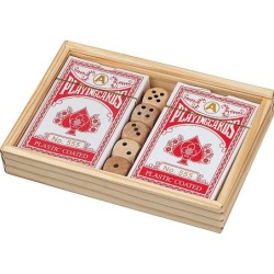 Spielkarten in Holzbox mit Würfel - Beige