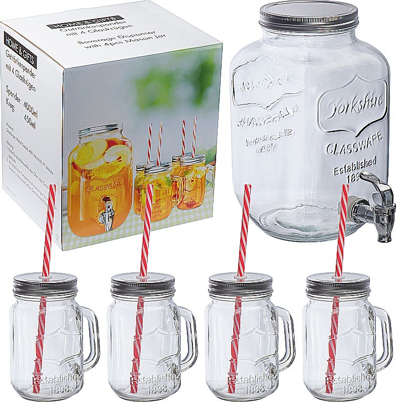 Set aus Getränkespender und 4 Glaskrügen  - Transparent