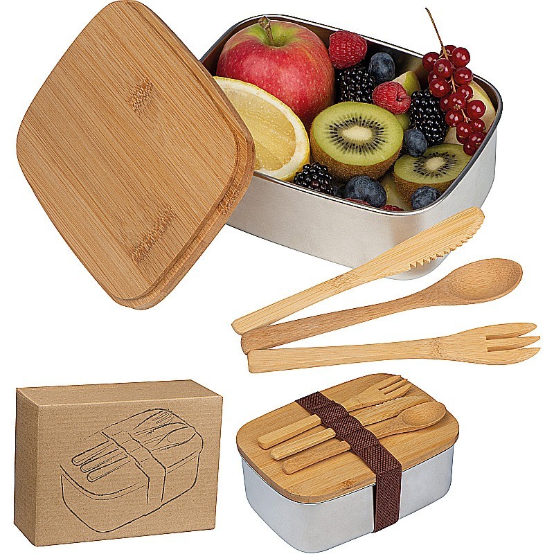 Große Brotzeitbox mit Bambusdeckel und elastischem Band - Beige