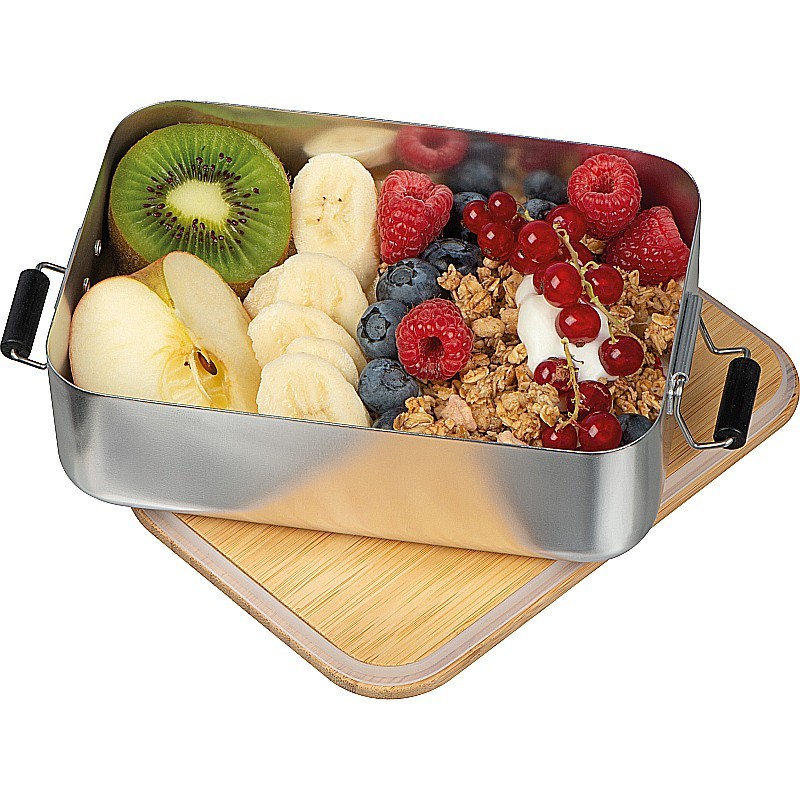 Brotzeitbox aus Aluminium mit Bambusdeckel  - Silbergrau