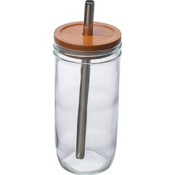 Glasbecher mit Bambusdeckel und Trinkhalm - Transparent