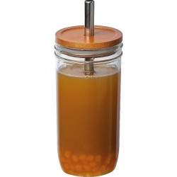 Glasbecher mit Bambusdeckel und Trinkhalm - Transparent