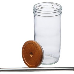 Glasbecher mit Bambusdeckel und Trinkhalm - Transparent