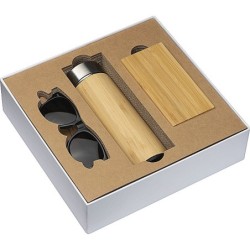 Geschenkset bestehend aus Powerbank Thermobecher und Sonnenbrille - Weiß