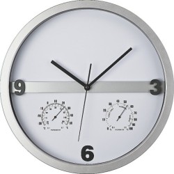 Wanduhr mit Hygro- und Thermometer halbes Display - Silbergrau