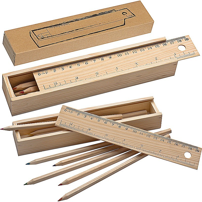 Holzbox mit 8 Buntstiften und Lineal - Braun