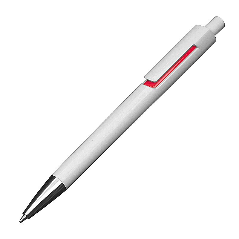 Weißer Kugelschreiber mit farbigen Applikationen